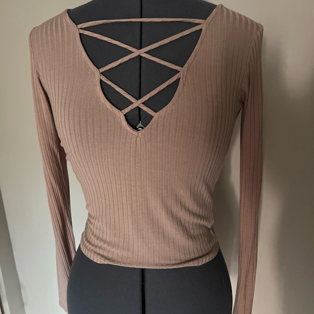 Blush Pink Long Sleeve Top with Cross Strap Neckline Detail